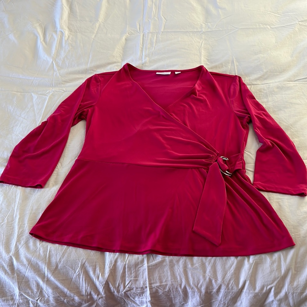 Hot pink New York & Company mock wrap, stretch blouse size Large